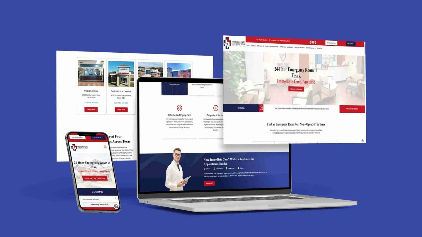 Immediate Care Centers of Texas website on a laptop, tablet and phone