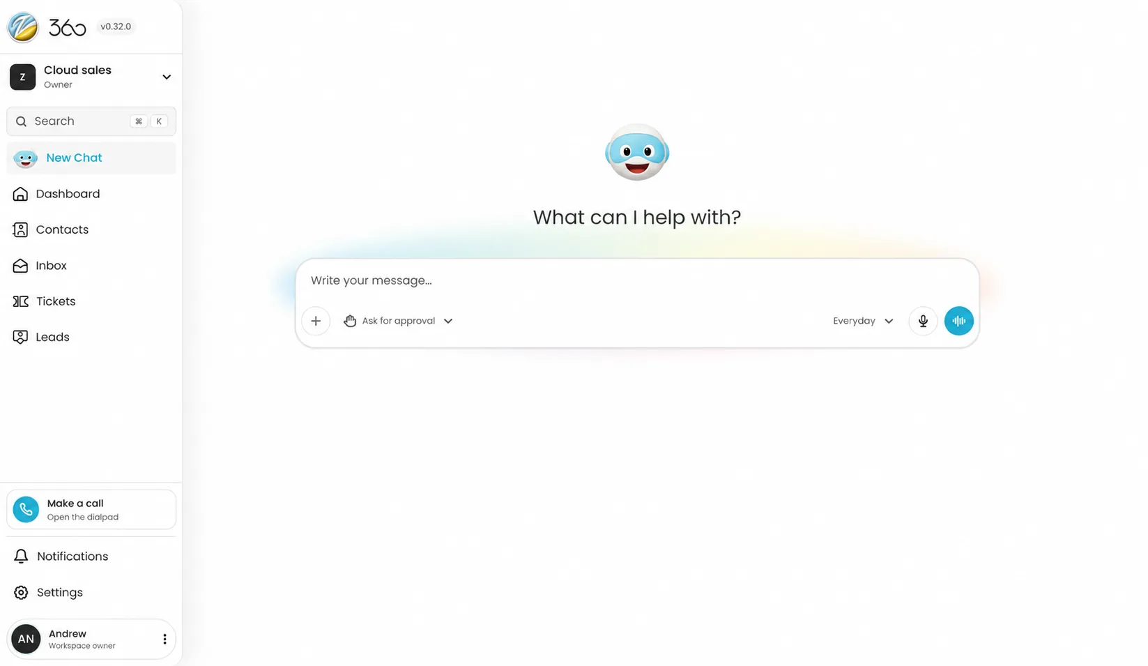 Z360 Chat message composer with the Everyday intelligence level selected
