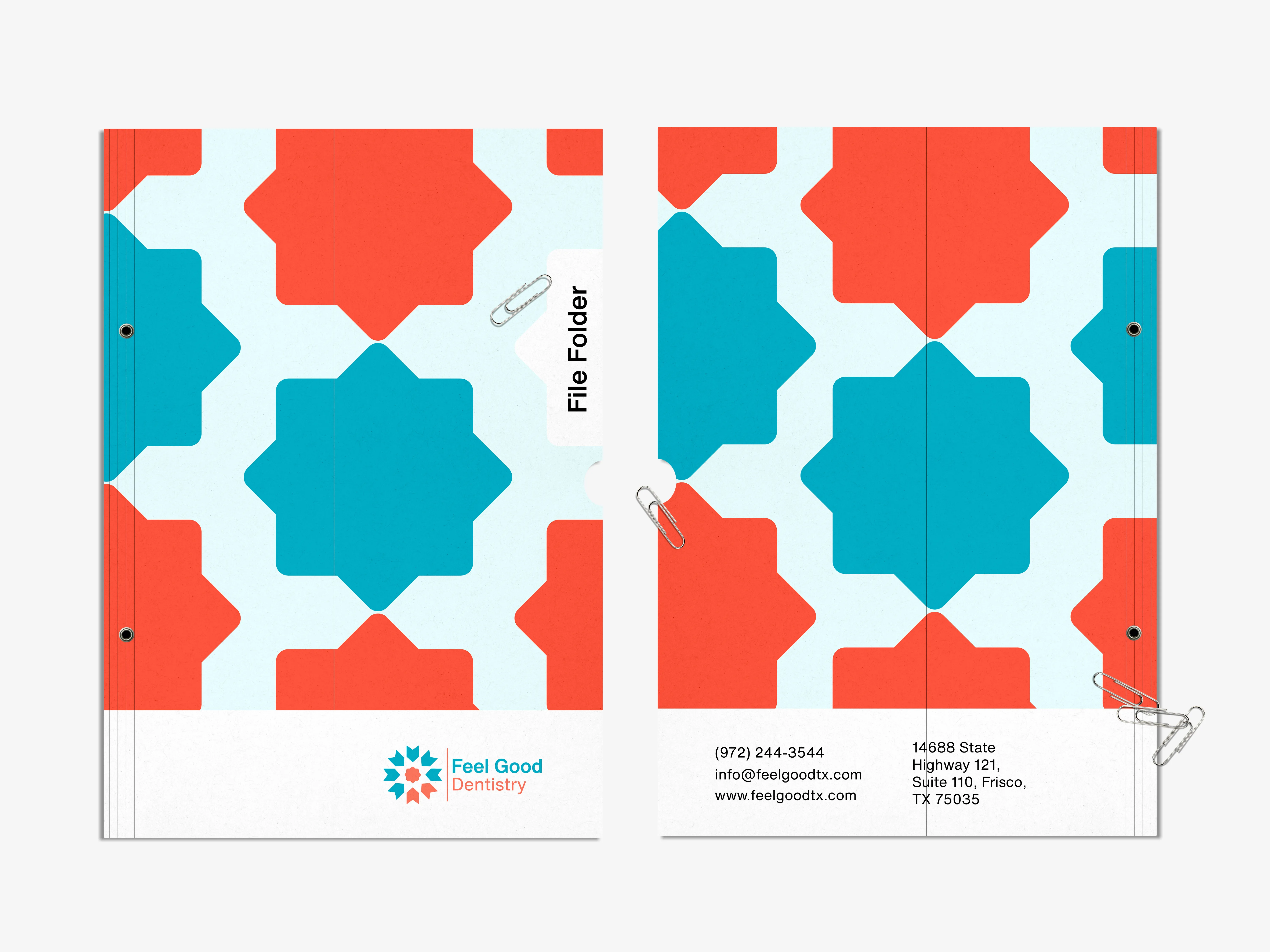 Feel Good Dentistry presentation folder in the practice’s coral and teal pattern