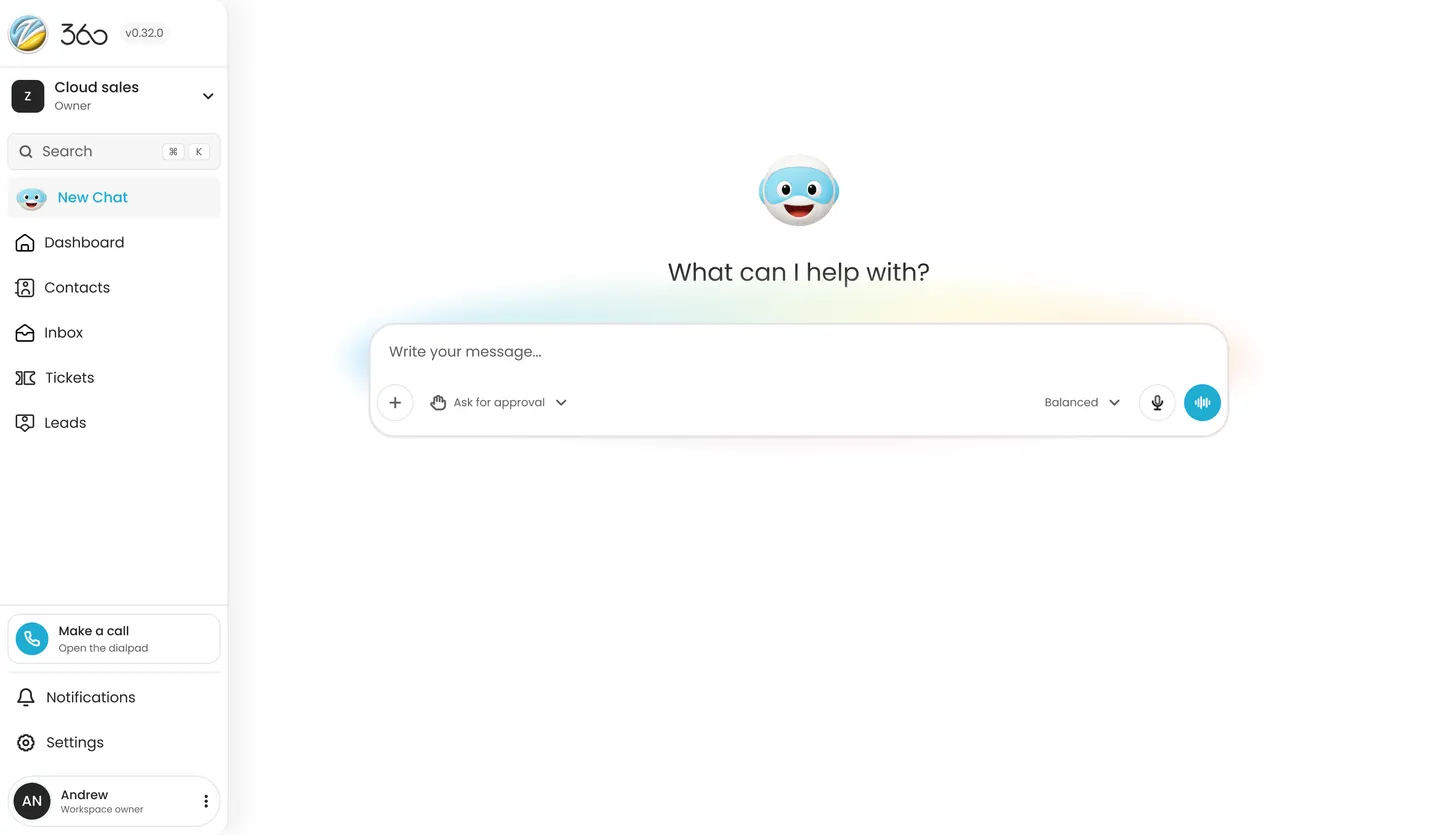 The Z360 platform: workspace sidebar with inbox, tickets, and leads beside the AI chat composer.
