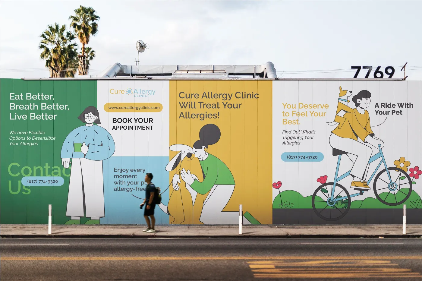 Cure Allergy Clinic illustrated street campaign on a construction hoarding